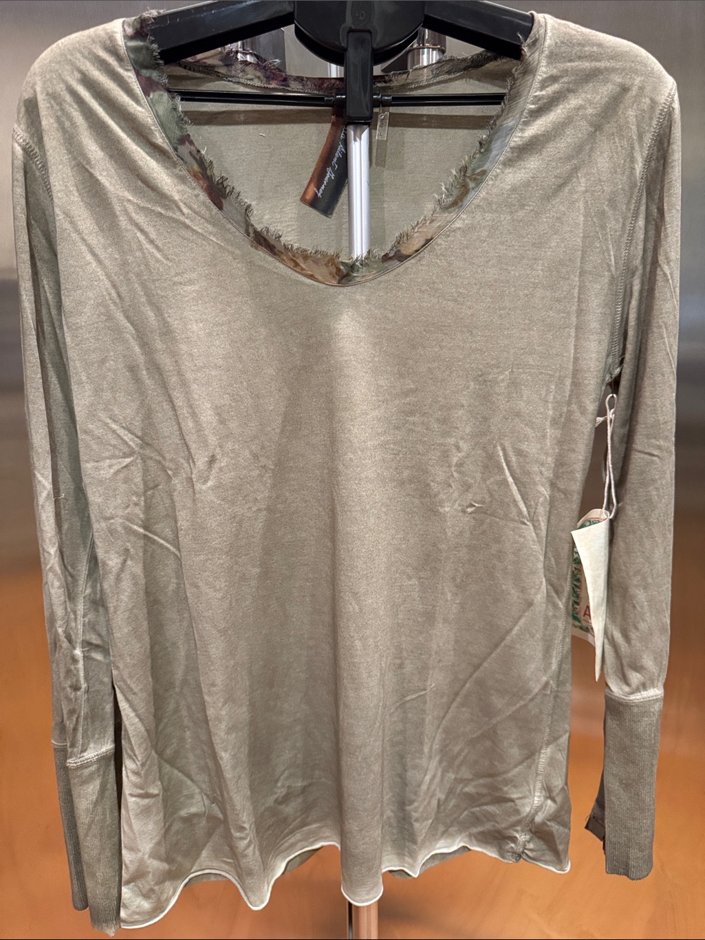Aratta Silent Journey Women's Light Olive V-Neck Long Sleeve Tee By